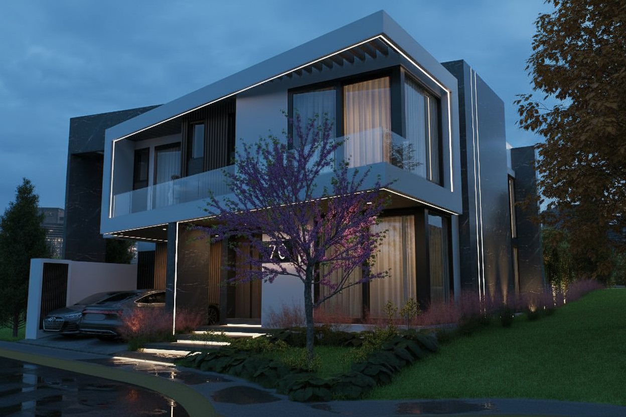 Casa MC — fachada nocturna, vista de esquina, JRDO Arquitectura