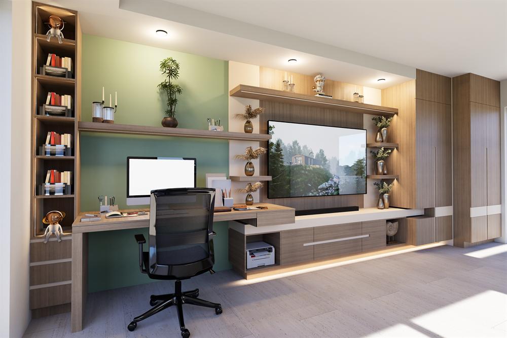 Diseño interior, Casa CB — estudio con acabados en madera y verde