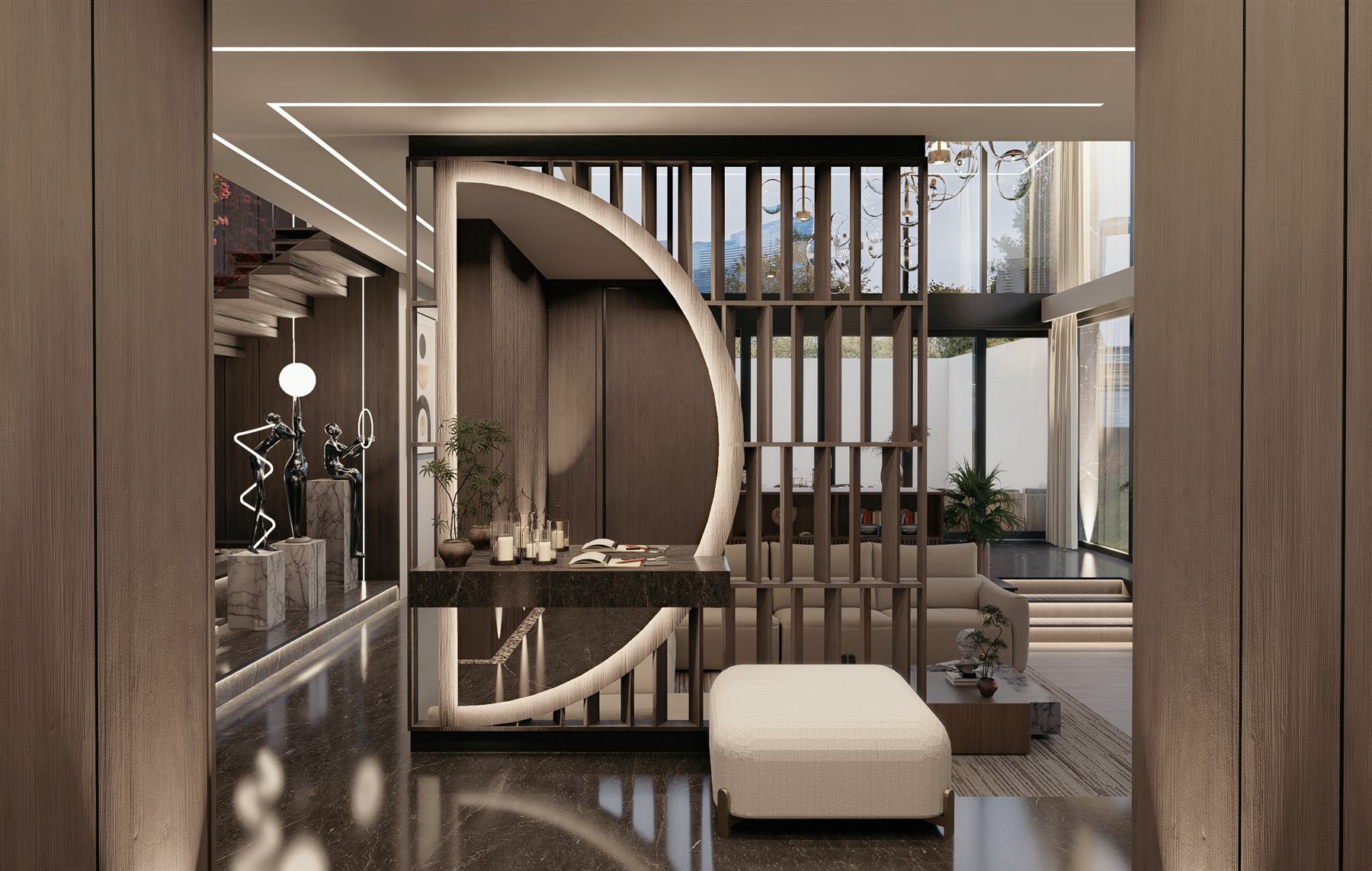 Casa MC — vestíbulo con consola escultórica
