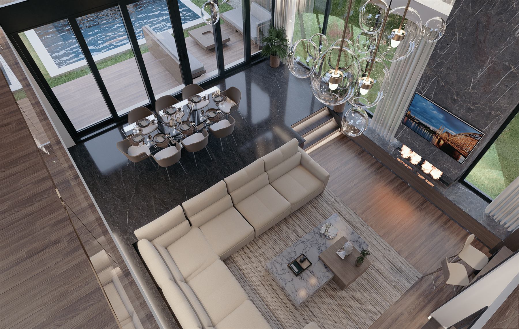 Casa MC — vista aérea de sala y comedor