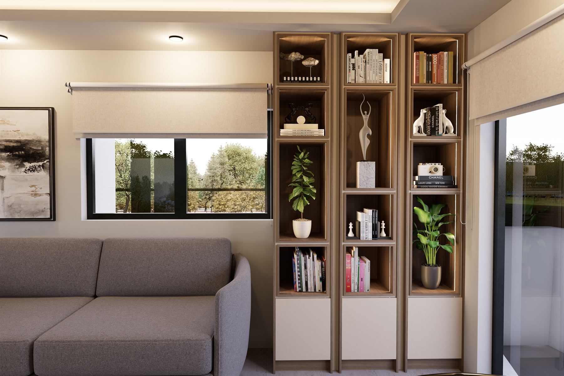 Casa CB — sala con biblioteca a medida