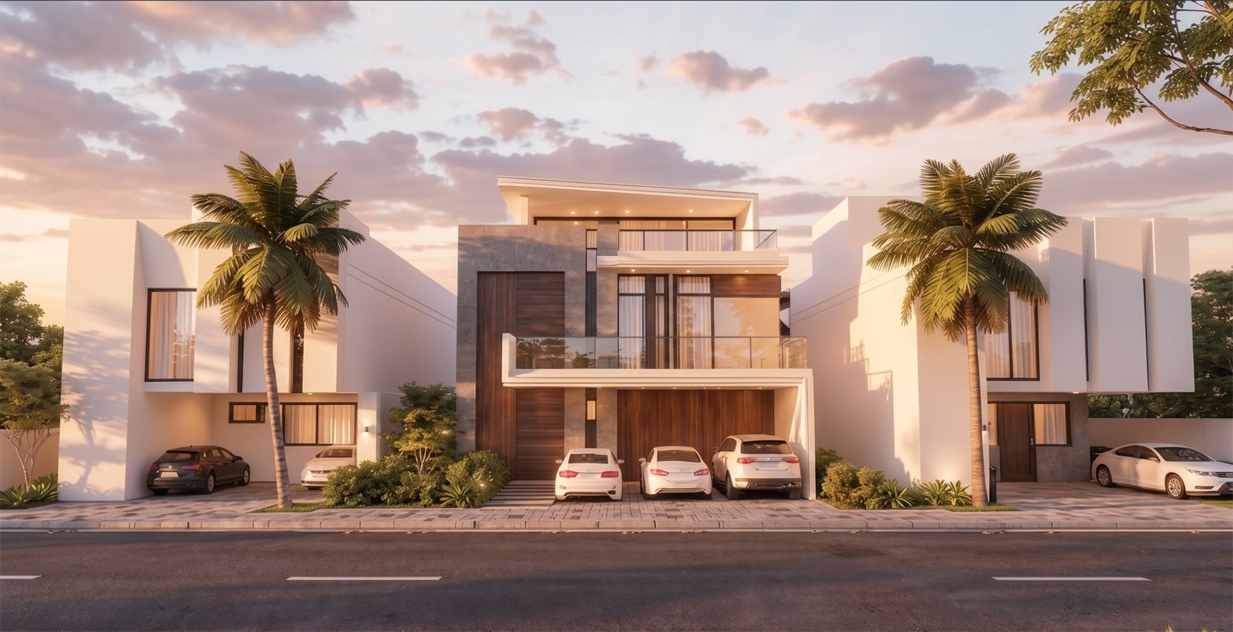 Residencial Mayakoba — vista panorámica del conjunto de tres casas al atardecer